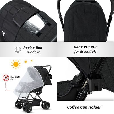 Teknum Reversible Trip Stroller + Infant Car Seat | Excellent Shocker | Forward & Parent Facing | Wide Canopy & Seat | 5 - Point Safety Harness | Reversible Handle | Golden Frame | Cup Holder | Big Basket | Easy To Fold | 6 - 36Months | Black